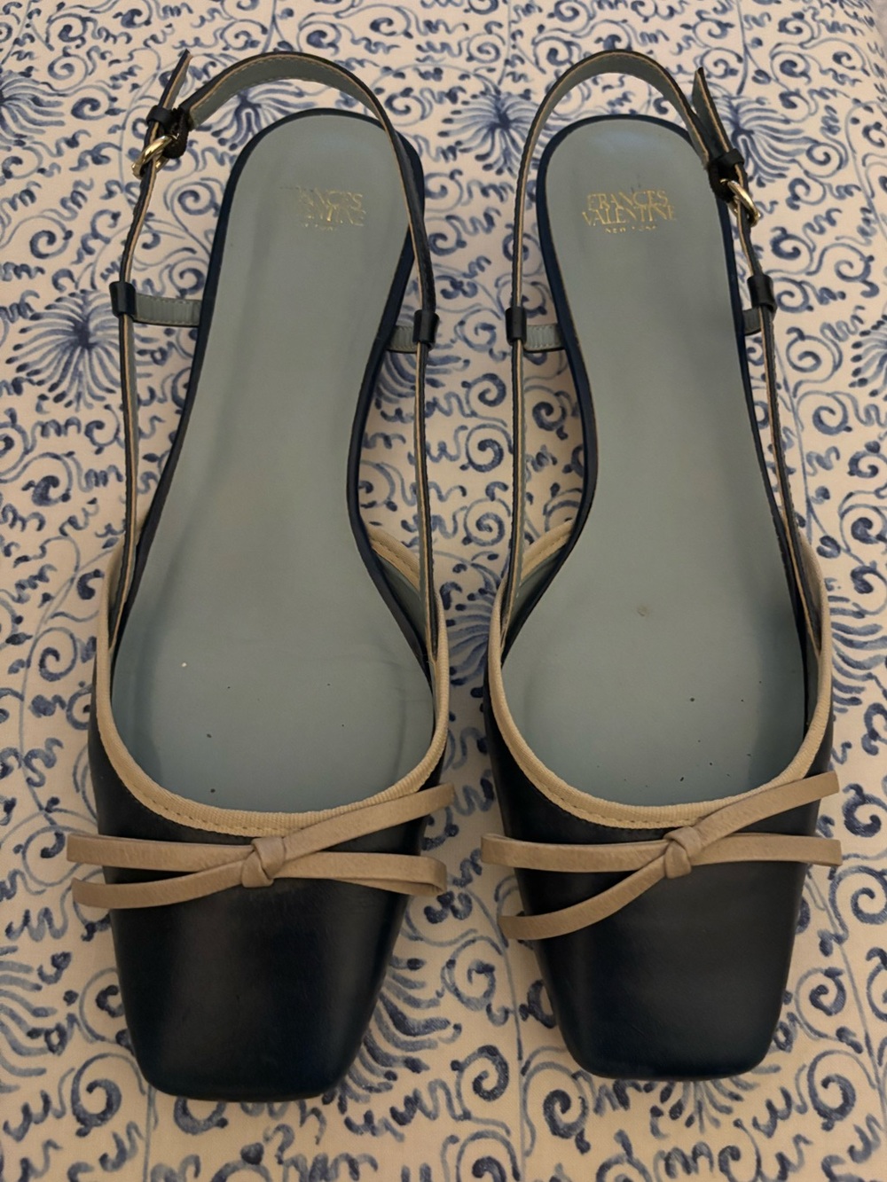 Frances Valentine Blue & Cream Slingback Heels with Bow Detail - Size 9